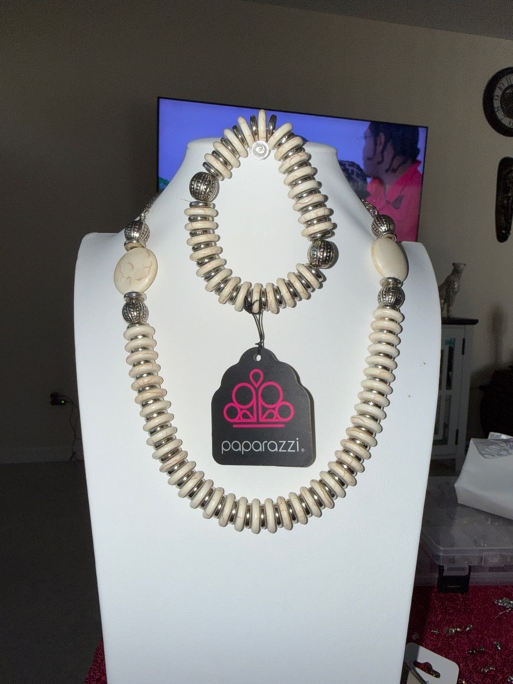 Paparazzi Cream and Silver Beaded Necklace and Bracelet Set